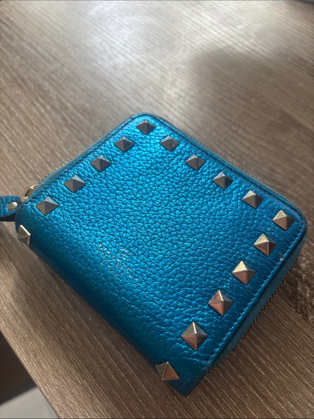Valentino Metallic Turquoise Pyramid-Stud Zip Wallet